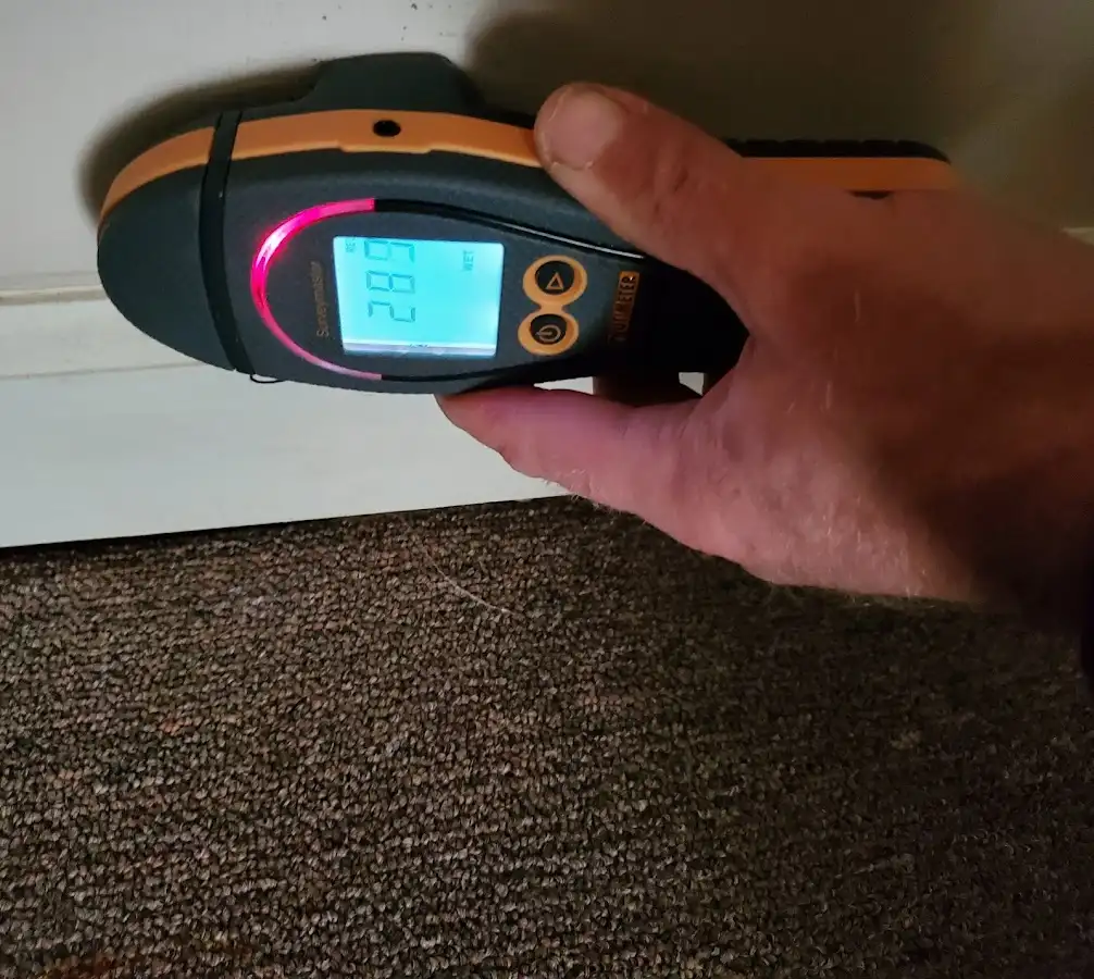Moisture detection at baseboard during Storm Damage Restoration in Beekman